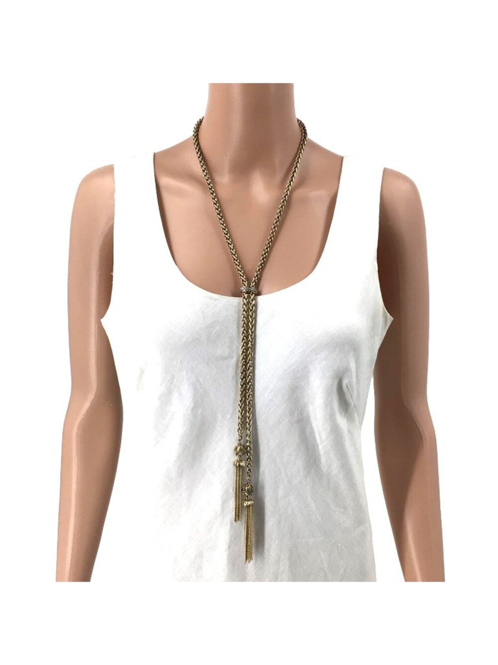 Chicos Tassel Necklace Gold Tone Rhinestone Inlay Adjustable Length Womens